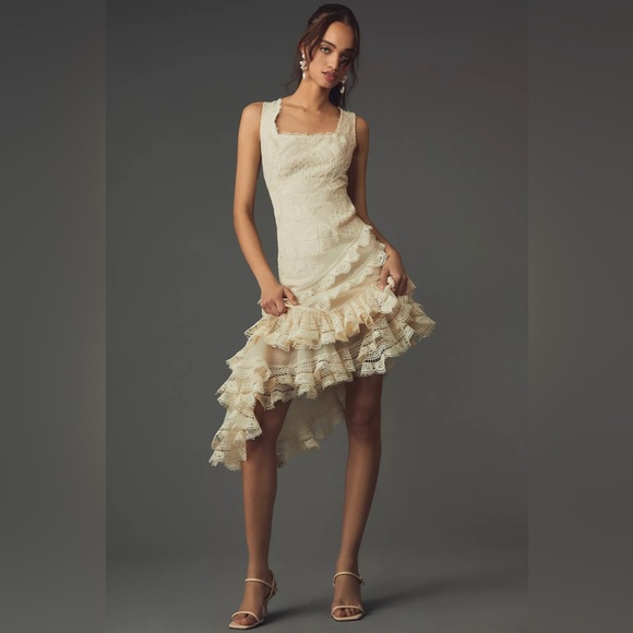 Geisha Designs Anthropology Square Neck Ruffled Asymmetrical Lace Dress S - Picture 16 of 16